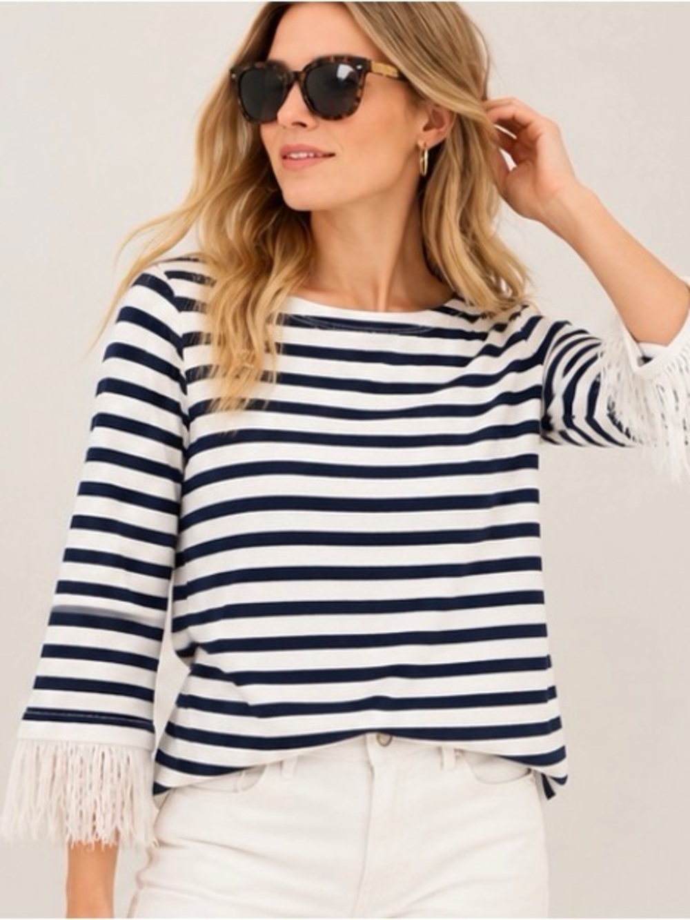 J. Crew Navy & White Striped Fringe Sleeve Long Sleeve Top